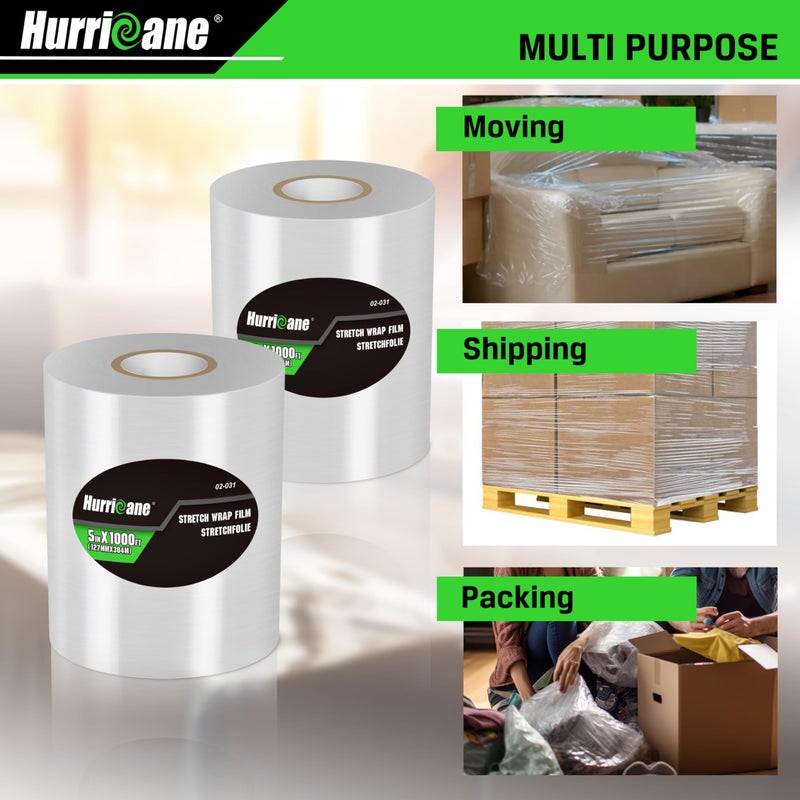 HURRICANE Stretch Wrap Film Refill Rolls, Clear Stretch Wrap Refill Roll, 2 Pack 80 Gauge Thick 5 inch 1000 ft, Clear Plastic Pallet Shrink Film, Stretch Plastic Wrap for Packing, Moving, Storage - Image 5